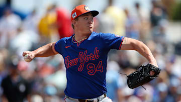 Mar 1, 2025; Port Charlotte, Florida, USA; New York Mets pitcher Blade Tidwell (94) throws a pitch against the Tampa Bay Rays in the second inning during spring training at Charlotte Sports Park. Mandatory Credit: Nathan Ray Seebeck-Imagn Images