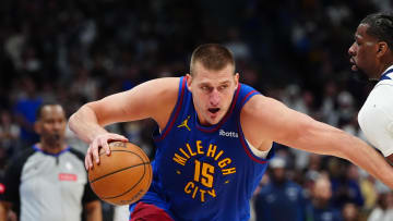 May 4, 2024; Denver, Colorado, USA; Denver Nuggets center Nikola Jokic (15) controls the ball in the