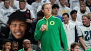 Jan 12, 2025; University Park, Pennsylvania, USA; Oregon Ducks head coach Dana Altman looks on from the bench during the first half against the Penn State Nittany Lions at Bryce Jordan Center. Mandatory Credit: Matthew O'Haren-Imagn Images