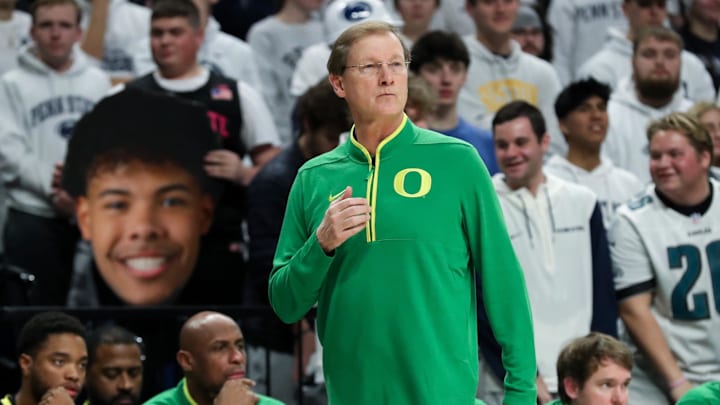 Jan 12, 2025; University Park, Pennsylvania, USA; Oregon Ducks head coach Dana Altman looks on from the bench during the first half against the Penn State Nittany Lions at Bryce Jordan Center. Mandatory Credit: Matthew O'Haren-Imagn Images Jan 12, 2025; University Park, Pennsylvania, USA; Oregon Ducks head coach Dana Altman looks on from the bench during the first half against the Penn State Nittany Lions at Bryce Jordan Center. Mandatory Credit: Matthew O'Haren-Imagn Images