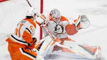 Apr 15, 2025; Saint Paul, Minnesota, USA; A shot by Minnesota Wild left wing Matt Boldy (12) goes over the shoulder of Anaheim Ducks goaltender Lukas Dostal (1) clinching a playoff birth for the Minnesota Wild in overtime at Xcel Energy Center. Mandatory Credit: Matt Blewett-Imagn Images
