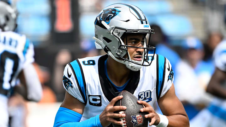 Carolina Panthers quarterback Bryce Young prepares to pass in the third quarter at Bank of America Stadium