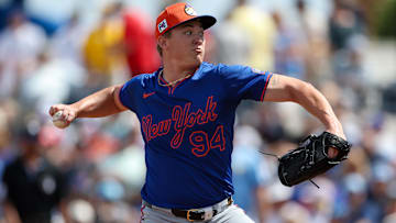 Mar 1, 2025; Port Charlotte, Florida, USA; New York Mets pitcher Blade Tidwell (94) throws a pitch against the Tampa Bay Rays in the second inning during spring training at Charlotte Sports Park. Mandatory Credit: Nathan Ray Seebeck-Imagn Images