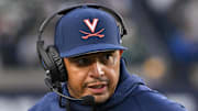 Nov 16, 2024; South Bend, Indiana, USA; Virginia Cavaliers head coach Tony Elliott watches in the second quarter against the Notre Dame Fighting Irish at Notre Dame Stadium. Mandatory Credit: Matt Cashore-Imagn Images