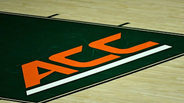 Nov 29, 2020; Coral Gables, Florida, USA; A general view of the ACC conference logo on the court prior to the game between the Miami Hurricanes and the North Florida Ospreys at Watsco Center. Mandatory Credit: Jasen Vinlove-Imagn Images
