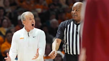 Tennessee head coach Rick Barnes speaks to an official during a men’s college basketball game between Tennessee and Alabama at Thompson-Boling Arena at Food City Center, Saturday, March 1, 2025.