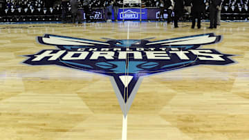 Oct 29, 2014; Charlotte, NC, USA; The basketball court for the Charlotte Hornets sports the new logo before the opening home game against the Milwaukee Bucks at Time Warner Cable Arena. 
