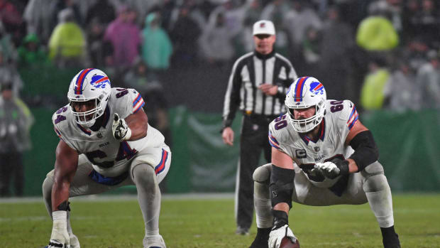 Nov 26, 2023; Philadelphia, Pennsylvania, USA; Buffalo Bills guard O'Cyrus Torrence (64) 