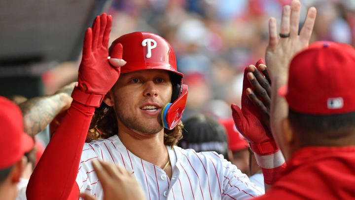 Jun 17, 2024; Philadelphia, Pennsylvania, USA; Philadelphia Phillies third base Alec Bohm (28) celebrates his home run in the dugout during the fifth inning against the San Diego Padres at Citizens Bank Park. Eric Hartline-USA TODAY Sports