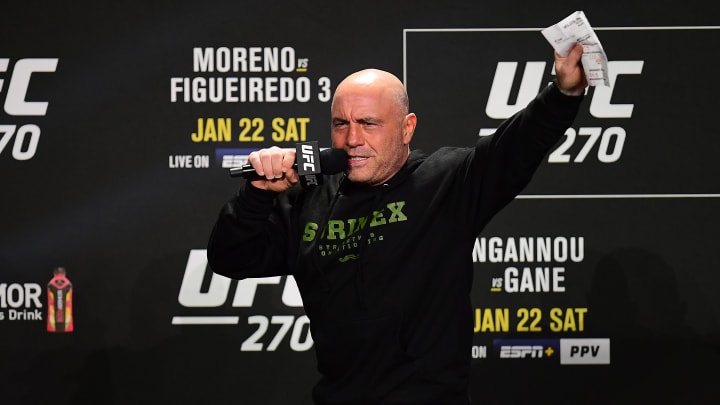 Jan 21, 2022; Anaheim, CA, USA; UFC host Joe Rogan opens the program for weigh-ins at UFC 270.