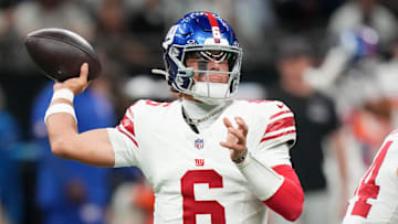 Oct 5, 2025; New Orleans, Louisiana, USA; New York Giants quarterback Jaxson Dart (6) throws a pass during the first quarter against the New Orleans Saints at Caesars Superdome. Mandatory Credit: Matthew Hinton-Imagn Images