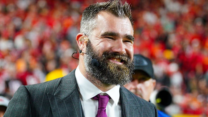 Former NFL player and ESPN commentator Jason Kelce on the sidelines during the first half of the game between the Kansas City Chiefs and Tampa Bay Buccaneers at GEHA Field at Arrowhead Stadium.