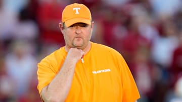 Tennessee coach Josh Heupel stands on the field before a college football game between the University of Oklahoma Sooners (OU) and the Tennessee Volunteers at Gaylord Family - Oklahoma Memorial Stadium in Norman, Okla., Saturday, Sept. 21, 2024.