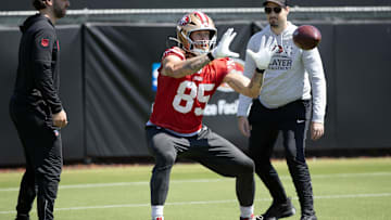 San Francisco 49ers tight end George Kittle works out with his NFL teammates during an OTA at Levi's Stadium