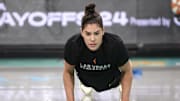 Oct 1, 2024; Brooklyn, New York, USA; Las Vegas Aces guard Kelsey Plum (10) warms up before game two of the 2024 WNBA Semi-finals against the New York Liberty at Barclays Center. Mandatory Credit: Wendell Cruz-Imagn Images