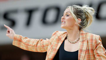 Oklahoma State coach Jacie Hoyt shouts instructions during a women's college basketball game between the Oklahoma State Cowgirls (OSU) and the Texas Tech Lady Raiders at Gallagher-Iba Arena in Stillwater, Okla., Wednesday, Jan. 10, 2024. Oklahoma State won 71-58.