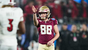 Dec 2, 2023; Charlotte, NC, USA; Florida State Seminoles place kicker Ryan Fitzgerald (88) lines up a field goal during the fourth quarter against the Louisville Cardinals at Bank of America Stadium. Mandatory Credit: Jim Dedmon-Imagn Images