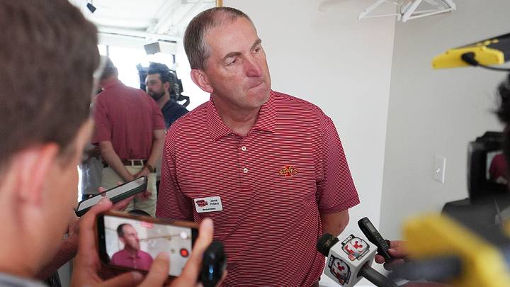 Iowa State athletic director Jamie Pollard talks to media during Cyclone Tailgate Tour at Curate on may 18, 2026, in Des Moines, Iowa.