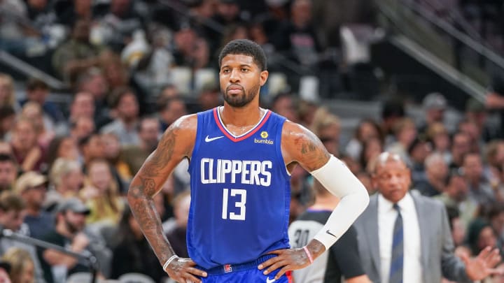 Nov 29, 2019; San Antonio, TX, USA; LA Clippers forward Paul George (13) walks up the court during the first half against the San Antonio Spurs at the AT&T Center. Mandatory Credit: Daniel Dunn-USA TODAY Sports