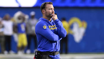 Oct 20, 2024; Inglewood, California, USA; Los Angeles Rams head coach Sean McVay watches during the second half against the Las Vegas Raiders at SoFi Stadium.