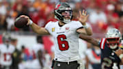 Nov 9, 2025; Tampa, Florida, USA; Tampa Bay Buccaneers quarterback Baker Mayfield (6) throws downfield during the third quarter against the New England Patriots at Raymond James Stadium. Mandatory Credit: Nathan Ray Seebeck-Imagn Images