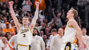 Purdue Boilermakers guards Braden Smith (3) and Fletcher Loyer (2) celebrate