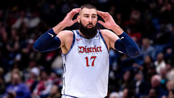 Jan 3, 2025; New Orleans, Louisiana, USA;  Washington Wizards center Jonas Valanciunas (17) reacts to a foul called on him during the second half against the New Orleans Pelicans at Smoothie King Center. Mandatory Credit: Stephen Lew-Imagn Images