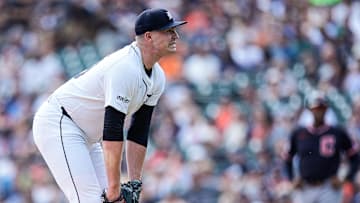 Detroit Tigers pitcher Tarik Skubal (29) reacts after a play against Cleveland Guardians during the sixth inning at Comerica Park in Detroit on Thursday, Sept. 18, 2025.