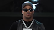Apr 24, 2025; Green Bay, WI, USA; Penn State Nittany Lions defensive end Abdul Carter after the New York Giants select him as the number three pick in the first round of the 2025 NFL Draft at Lambeau Field.  