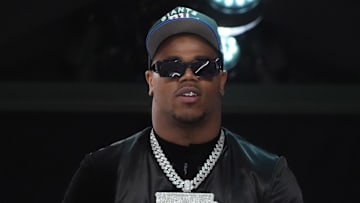 Apr 24, 2025; Green Bay, WI, USA; Penn State Nittany Lions defensive end Abdul Carter after the New York Giants select him as the number three pick in the first round of the 2025 NFL Draft at Lambeau Field.  