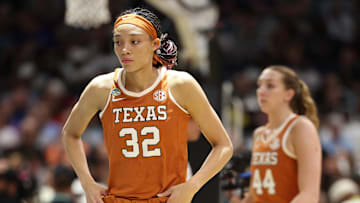 Apr 4, 2025; Tampa, FL, USA;  Texas Longhorns guard Ndjakalenga Mwenentanda (32) reacts during the first half in a semifinal of the women's 2025 NCAA tournament against the South Carolina Gamecocks at Amalie Arena. Mandatory Credit: Nathan Ray Seebeck-Imagn Images