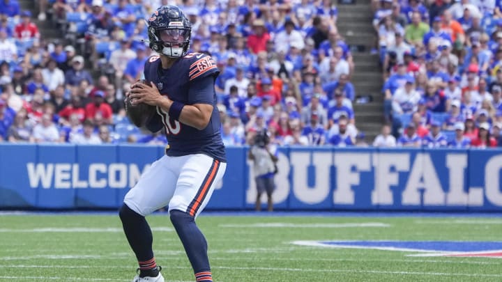 Bears quarterback Caleb Williams looks to throw the ball against the Buffalo Bills during the first half at Highmark Stadium.