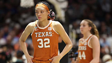 Apr 4, 2025; Tampa, FL, USA;  Texas Longhorns guard Ndjakalenga Mwenentanda (32) reacts during the first half in a semifinal of the women's 2025 NCAA tournament against the South Carolina Gamecocks at Amalie Arena. Mandatory Credit: Nathan Ray Seebeck-Imagn Images