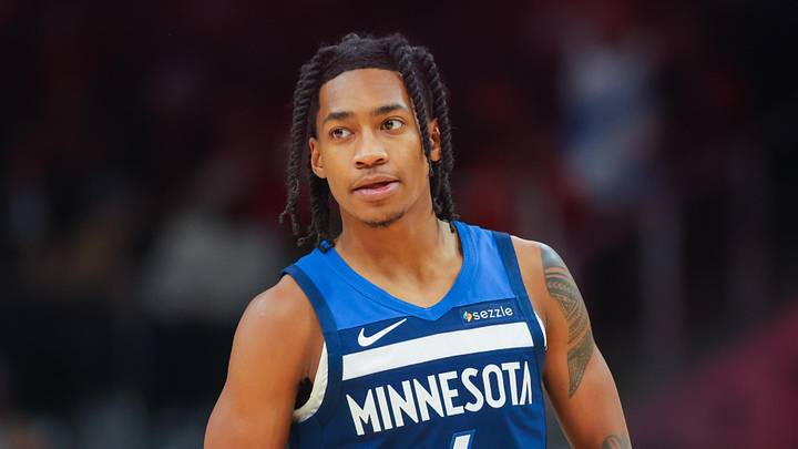 Dec 23, 2024; Atlanta, Georgia, USA; Minnesota Timberwolves guard Rob Dillingham (4) in action against the Atlanta Hawks in the fourth quarter at State Farm Arena. Mandatory Credit: Brett Davis-Imagn Images