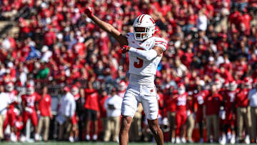 Oct 12, 2024; Piscataway, New Jersey, USA; Wisconsin Badgers cornerback Nyzier Fourqurean (3) celebrates after a defense stop during the first half against the Rutgers Scarlet Knights at SHI Stadium. Mandatory Credit: Vincent Carchietta-Imagn Images
