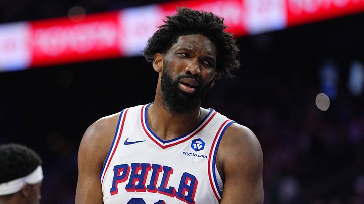Philadelphia 76ers center Joel Embiid (21) reacts against the New York Knicks in the second quarter during game four of the second round of the 2026 NBA Playoffs at Xfinity Mobile Arena. 