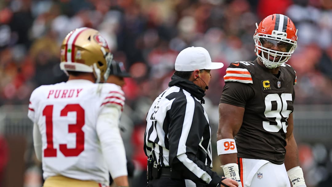Cleveland Browns defensive end Myles Garrett (95) reacts after a play against San Francisco 49ers quarterback Brock Purdy (13)