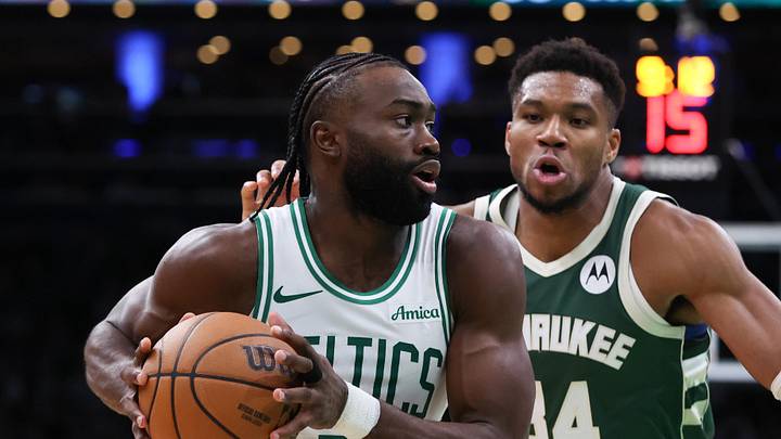 Oct 28, 2024; Boston, Massachusetts, USA; Boston Celtics forward Jaylen Brown (7) drives to the basket defended by Milwaukee Bucks forward Giannis Antetokounmpo (34) during the second half at TD Garden. Mandatory Credit: Paul Rutherford-Imagn Images