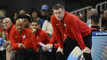 Feb 23, 2025; Los Angeles, California, USA; Ohio State Buckeyes head coach Jake Diebler during the second half against the UCLA Bruins at Pauley Pavilion presented by Wescom. Mandatory Credit: Robert Hanashiro-Imagn Images