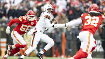 Dec 15, 2024; Cleveland, Ohio, USA; Cleveland Browns quarterback Jameis Winston (5) runs against the Kansas City Chiefs during the first quarter at Huntington Bank Field. Mandatory Credit: Scott Galvin-Imagn Images