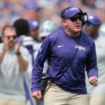 Kansas State head coach Chris Klieman reacts to his players scoring a touchdown in the third quarter of Saturday's game against Troy inside Bill Snyder Family Stadium.