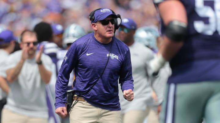 Kansas State head coach Chris Klieman reacts to his players scoring a touchdown in the third quarter of Saturday's game against Troy inside Bill Snyder Family Stadium.