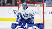 Nov 1, 2025; Philadelphia, Pennsylvania, USA; Toronto Maple Leafs goalie Anthony Stolarz (41) makes a save against the Philadelphia Flyers in the second period at Xfinity Mobile Arena. Mandatory Credit: Kyle Ross—Imagn Images