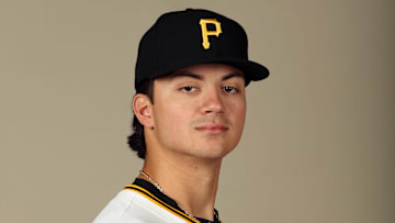 Feb 20, 2024; Bradenton, FL, USA;  Pittsburgh Pirates pitcher Anthony Solometo (41) poses for a photo during photo day at Pirate City. Mandatory Credit: Kim Klement Neitzel-Imagn Images