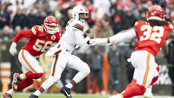 Dec 15, 2024; Cleveland, Ohio, USA; Cleveland Browns quarterback Jameis Winston (5) runs against the Kansas City Chiefs during the first quarter at Huntington Bank Field. Mandatory Credit: Scott Galvin-Imagn Images