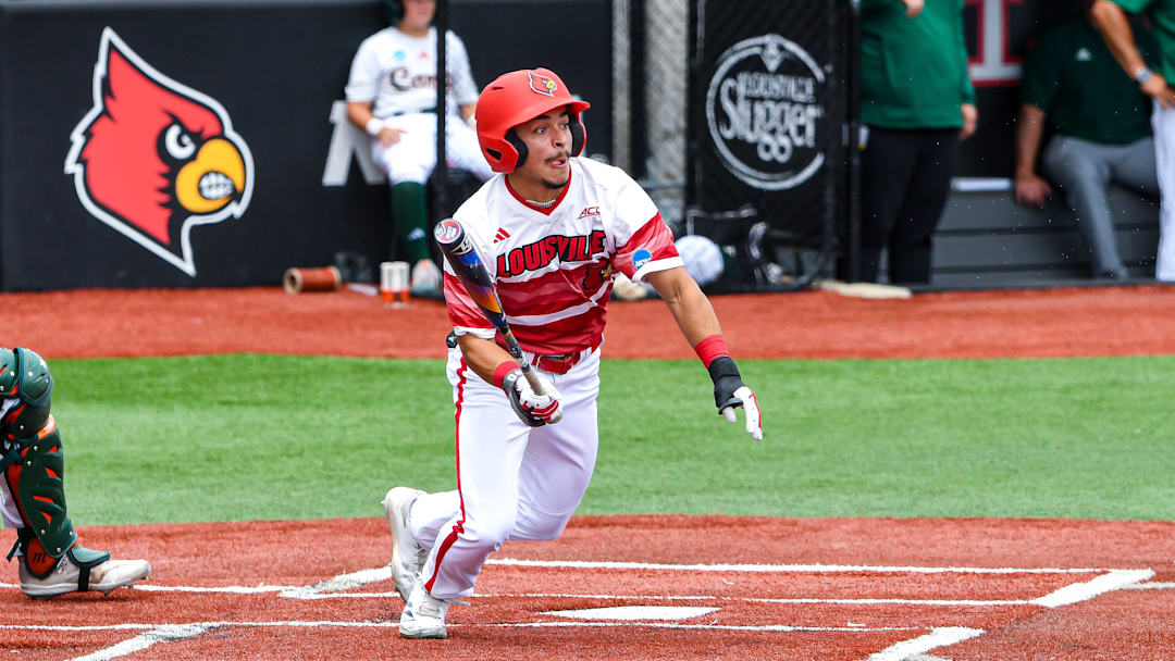 Louisville baseball player vs. Miami in game two of the 2025 Louisville Super Regional. Louisville baseball player vs. Miami in game two of the 2025 Louisville Super Regional.