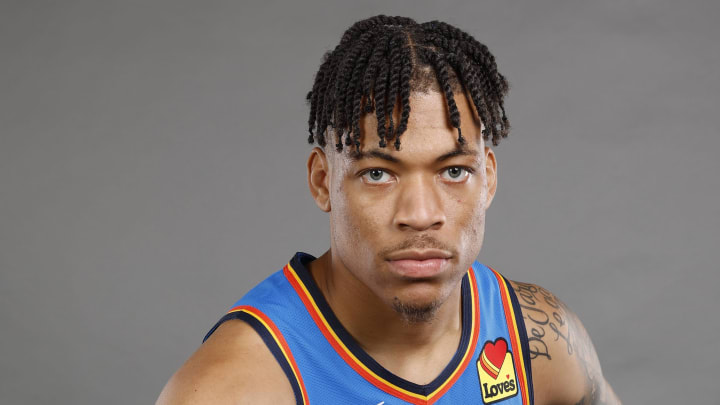 Oct 2, 2023; Oklahoma City, OK, USA; Oklahoma City Thunder forward Keyontae Johnson (18) poses for a photo during media day at Oklahoma City Convention Center. Mandatory Credit: Alonzo Adams-USA TODAY Sports