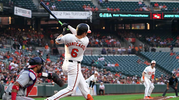 Baltimore Orioles first baseman Ryan Mountcastle (6) hits a single in the second inning to drive in designated hitter Ryan O’Hearn (32) against the Washington Nationals at Oriole Park at Camden Yards. Baltimore Orioles first baseman Ryan Mountcastle (6) hits a single in the second inning to drive in designated hitter Ryan O’Hearn (32) against the Washington Nationals at Oriole Park at Camden Yards.