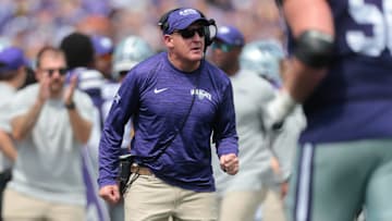 Kansas State head coach Chris Klieman reacts to his players scoring a touchdown in the third quarter of Saturday's game against Troy inside Bill Snyder Family Stadium.
