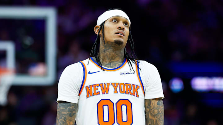 Jan 14, 2026; Sacramento, California, USA; New York Knicks guard Jordan Clarkson (00) looks on during the third quarter against the Sacramento Kings at Golden 1 Center. Mandatory Credit: Sergio Estrada-Imagn Images
